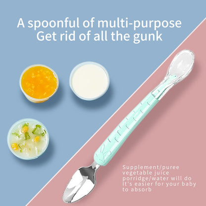 Double Head Baby Silicone Food Spoon (Green) - Fruit Scraping Mud Spoon, Feeding and Training Utensil for Infants, Baby Led Weaning Supplies