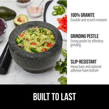 GORILLA GRIP Heavy Duty Mortar and Pestle Set with Slip Resistant Base, 100% Granite Stone Molcajete Guacamole Bowl, Grind Seeds Spices, Crush Garlic, Kitchen Muddler for Fresh Herbs, 1.5 Cup, Black