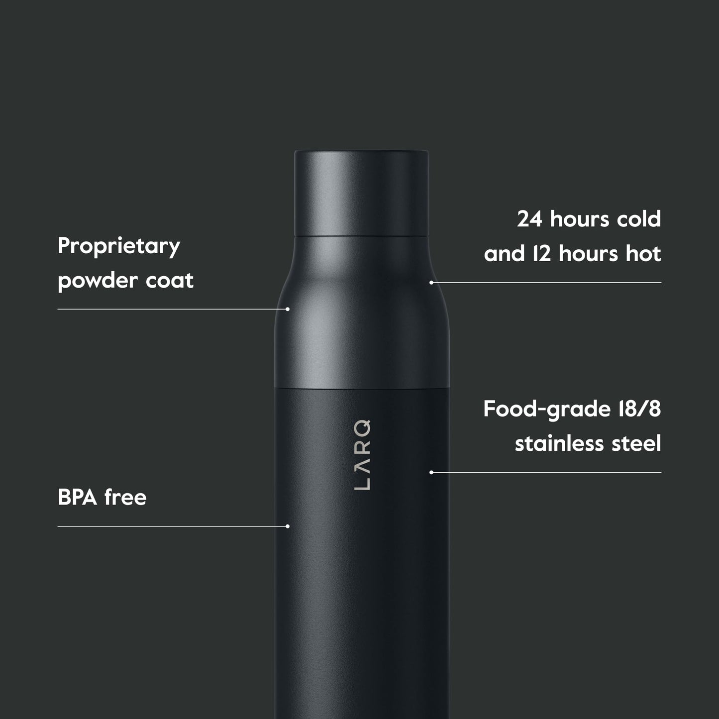 LARQ Bottle Twist Top 25 oz - Insulated Stainless Steel Water Bottle | BPA Free | Reusable Water Bottle for Camping, Office, and Travel | Keep Drinks Cold and Hot, Obsidian Black
