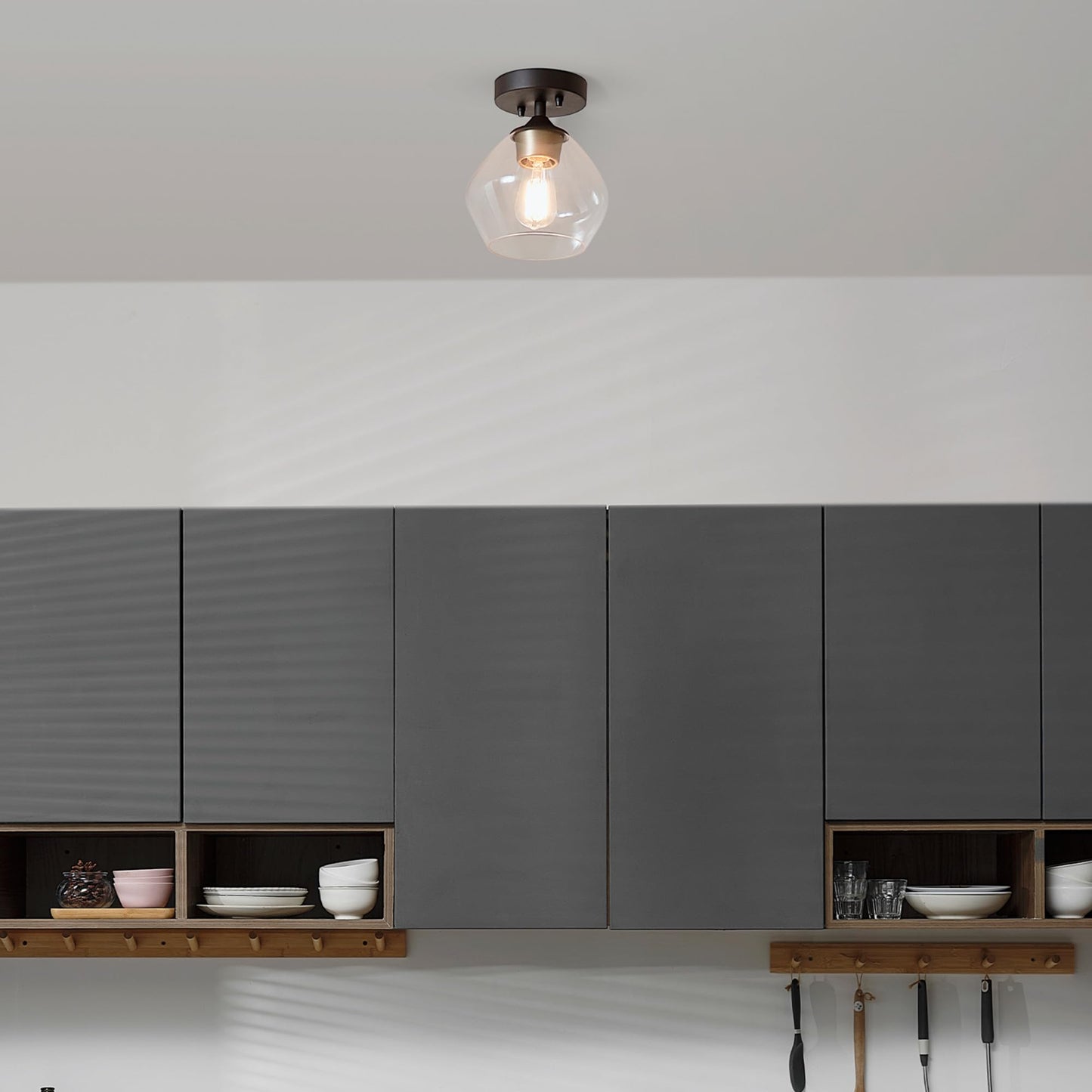 GLOBE Electric Harrow 1-Light Semi-Flush Mount Ceiling Light with a Matte Black Finish, Gold Accent Socket and Clear Glass Shade, Dimmable Option