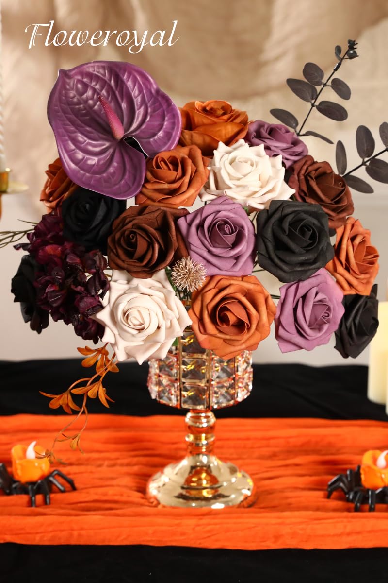 Floweroyal Halloween Artificial Flowers Black Flowers Mix Silk Flowers Fake Roses with Stems for DIY Wedding Bridal Bouquets, Baby Shower, Floral Arrangement, Table Centerpieces, Home Decorations