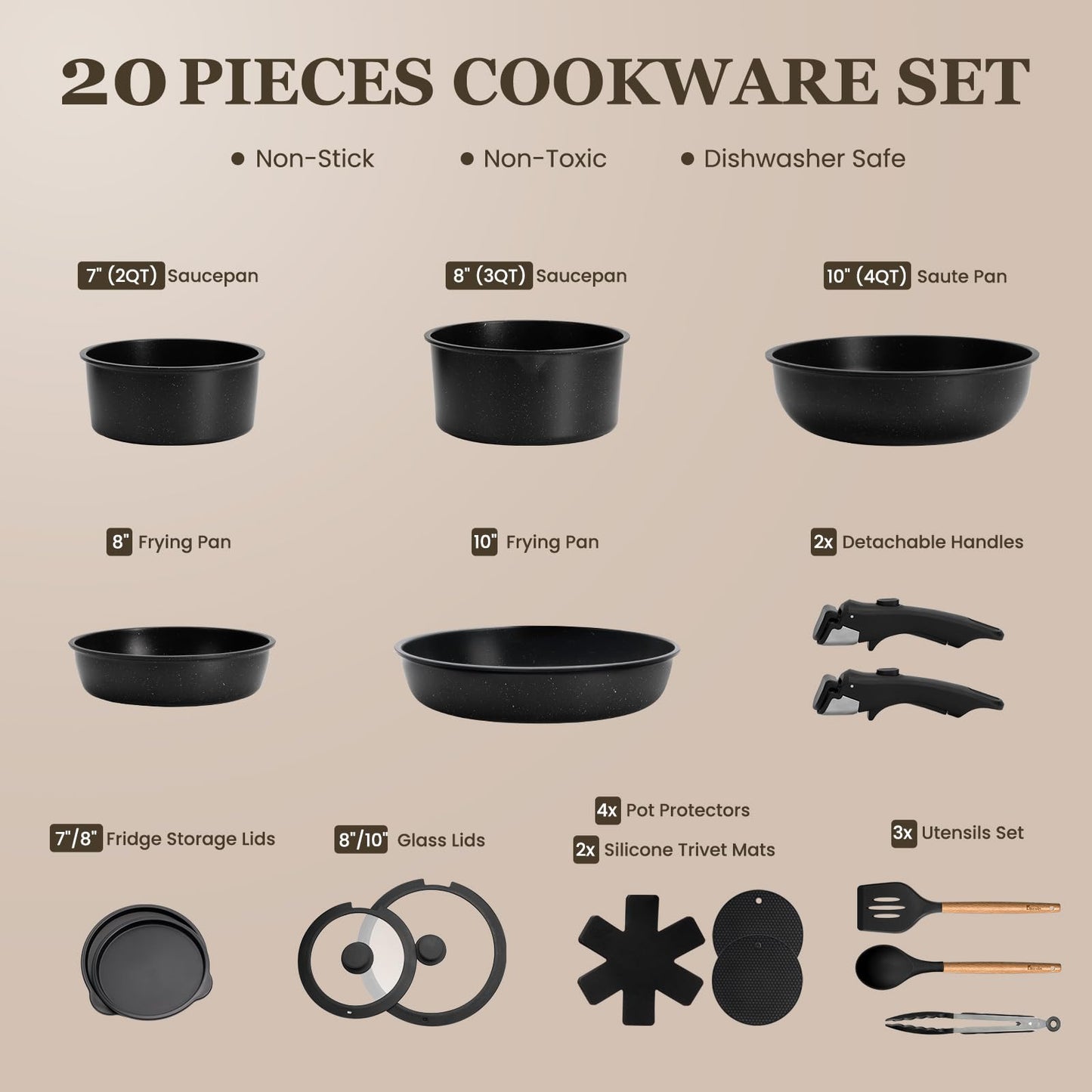 KIKCOIN 20 Pcs Pots and Pans Set Non Stick, Detachable Handle Cookware Sets Nonstick, Non Toxic Induction RV Kitchen Cooking Set with Removable Handles, Dishwasher/Oven Safe, Easy Clean (Black)