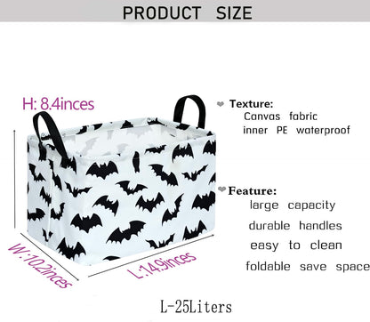 KUNRO Bat Pattern Halloween Storage Gift Basket Canvas Storage Bins with Handles Rectangle Storage Cubes Organizer for Bedroom Living Room
