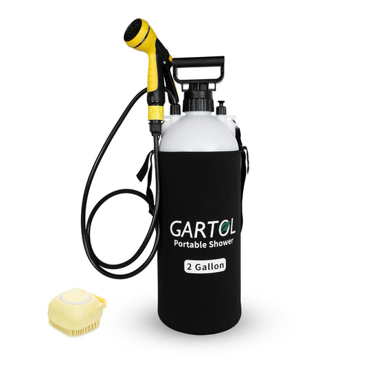 Gartol 2 Gallon Portable Shower with Handheld Showerhead, Silicone Bath Massage Brush, and Thermal Insulation Bag, High-Pressure Camping, Surf, Dog Shower Sprayer
