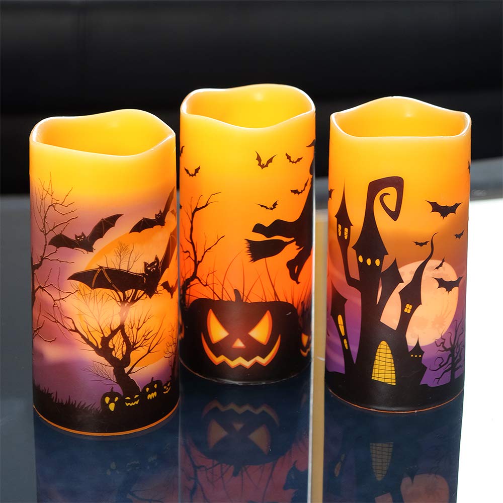 DRomance Flameless Candles Battery Operated with 6 Hour Timer, Halloween Decals Real Wax LED Flickering Pillar Candles Set of 3 Indoor Halloween Window Table Decor(3 x 6 Inches)