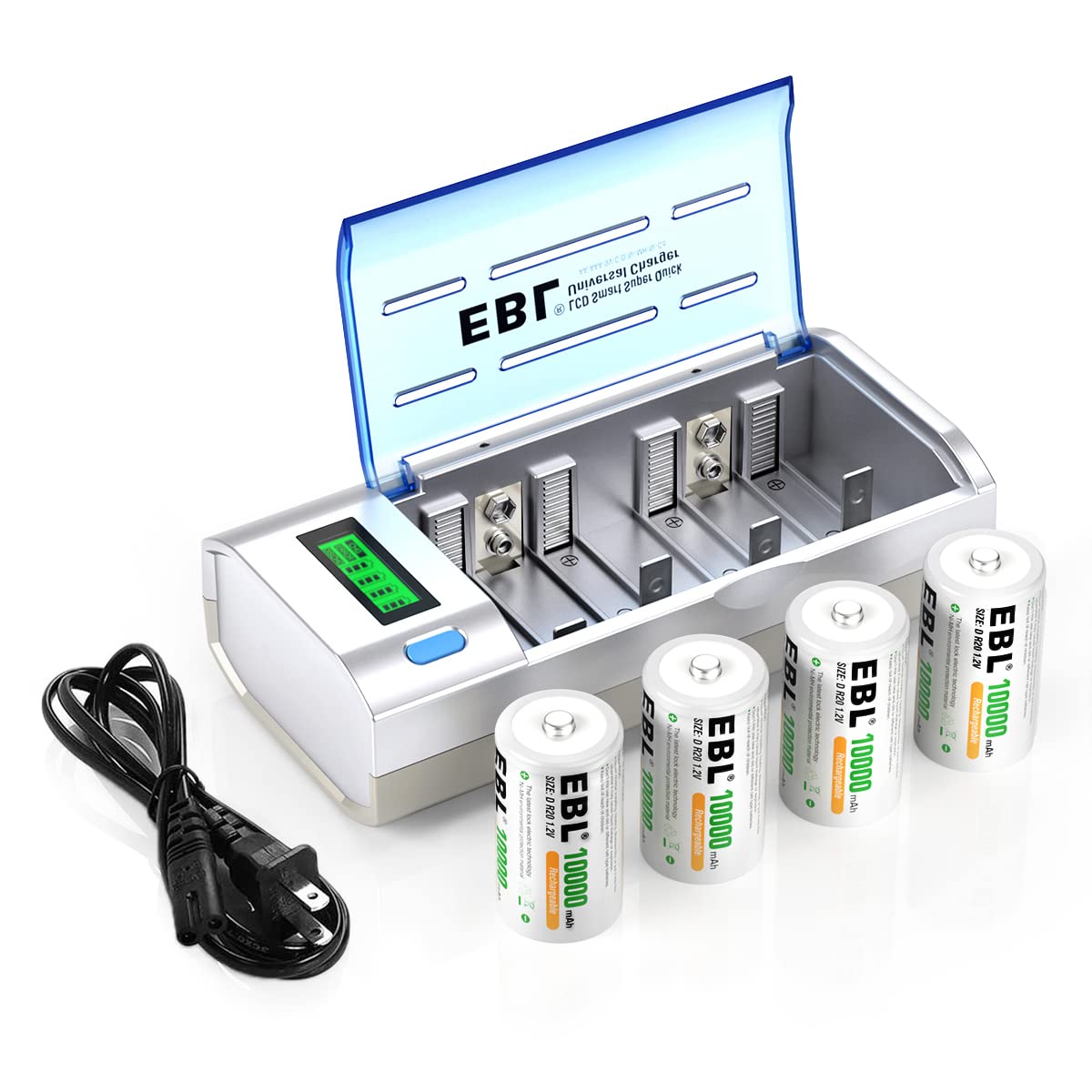 EBL D Cells 10000mAh Rechargeable Batteries (4 Counts) with C D 9V AA AAA Battery Charger
