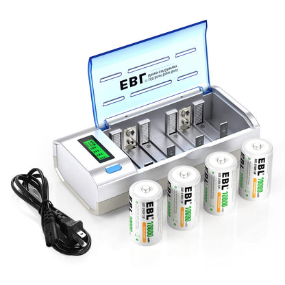 EBL D Cells 10000mAh Rechargeable Batteries (4 Counts) with C D 9V AA AAA Battery Charger