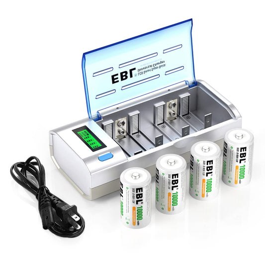 EBL D Cells 10000mAh Rechargeable Batteries (4 Counts) with C D 9V AA AAA Battery Charger