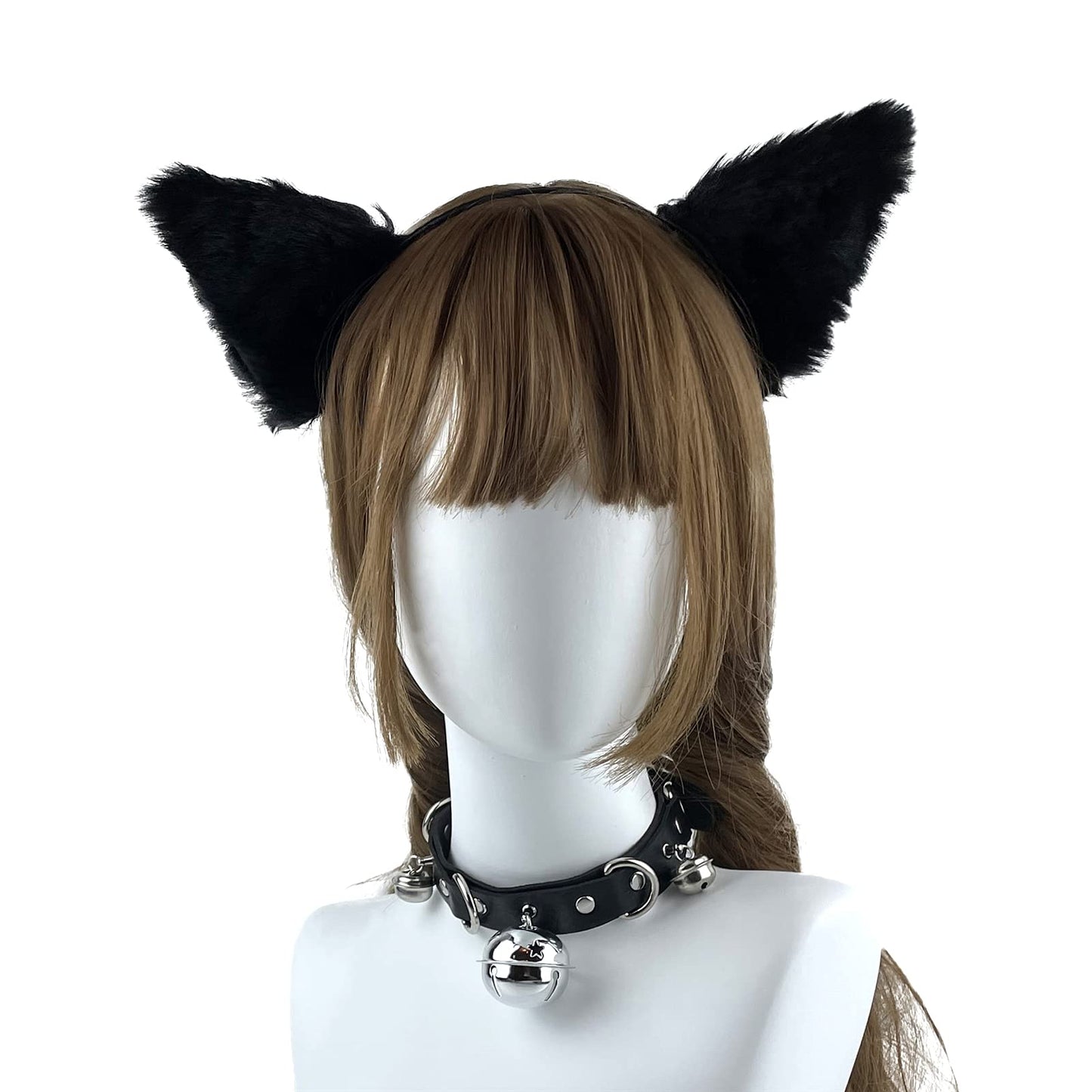 Faux Fur Cat Ears Hair Clip Furry Wolf Fox Long Tail Costume Halloween Party Neck Chocker Cosplay Set (Black)