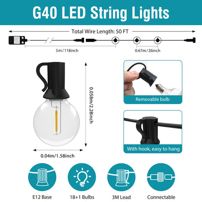 kolpop 50FT Outdoor String Lights with Dimmer Timer, G40 LED Patio Light with Edison Shatterproof Bulbs, Waterproof Connectable Hanging Lights for Outside Backyard Gazebo