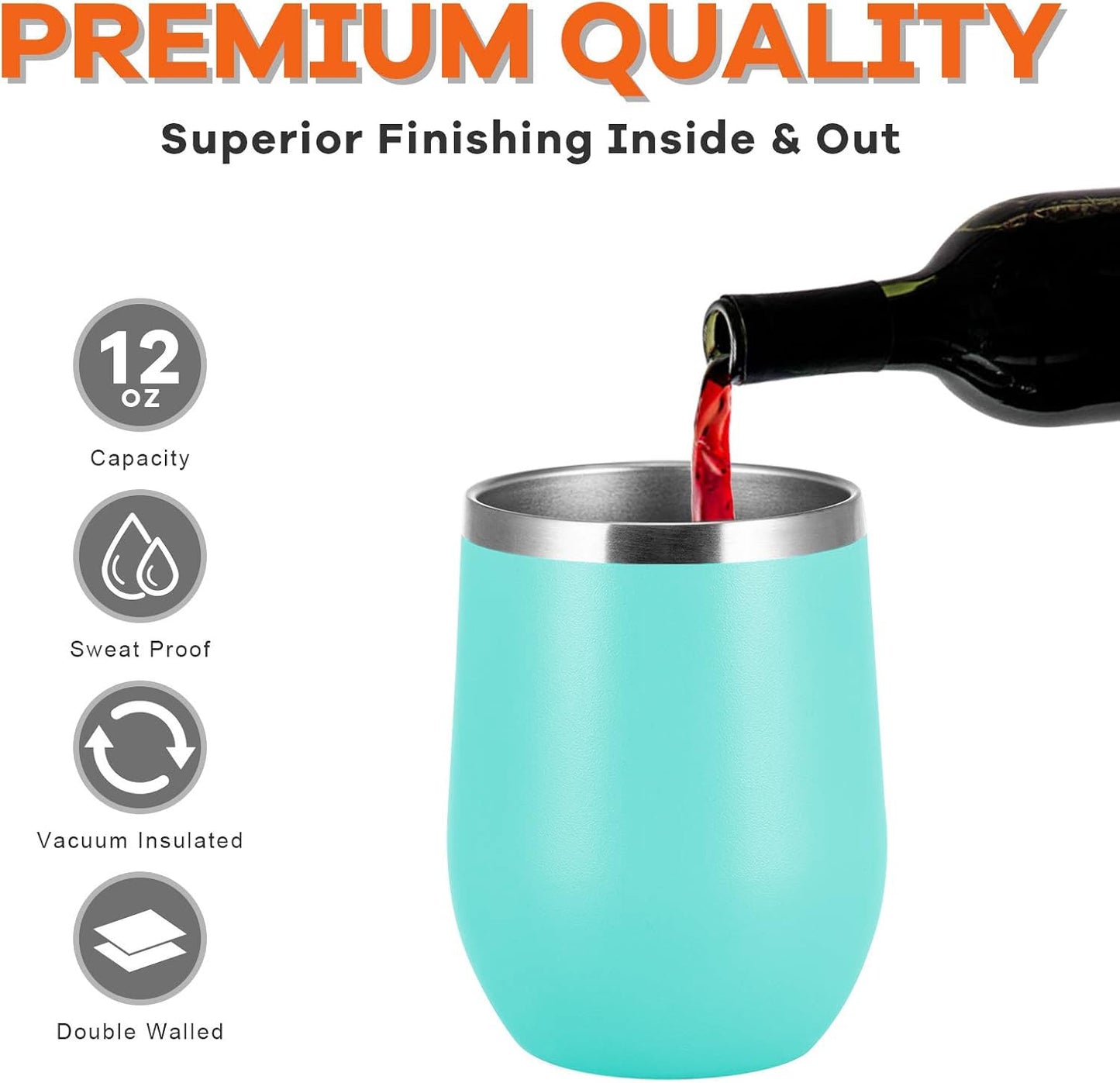 COMOOO Wine Tumbler 12oz Insulated Wine Cup Set of 4 with Lid and Straw Stainless Steel Wine Glass Tumbler Stemless for Hot and Cold Drinks, Champagne, Cocktails (Blue, 4 Pack)