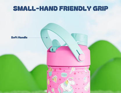 18 oz Kids Water Bottle for School: Leakproof, 2-in-1 Straw Spout Lid, BPA-Free, Easy Carry, Keep Cold 24H, Insulated Stainless Steel Cup for Backpack, Sports, Camping, Trip, Gift, Home (Cute Unicorn)