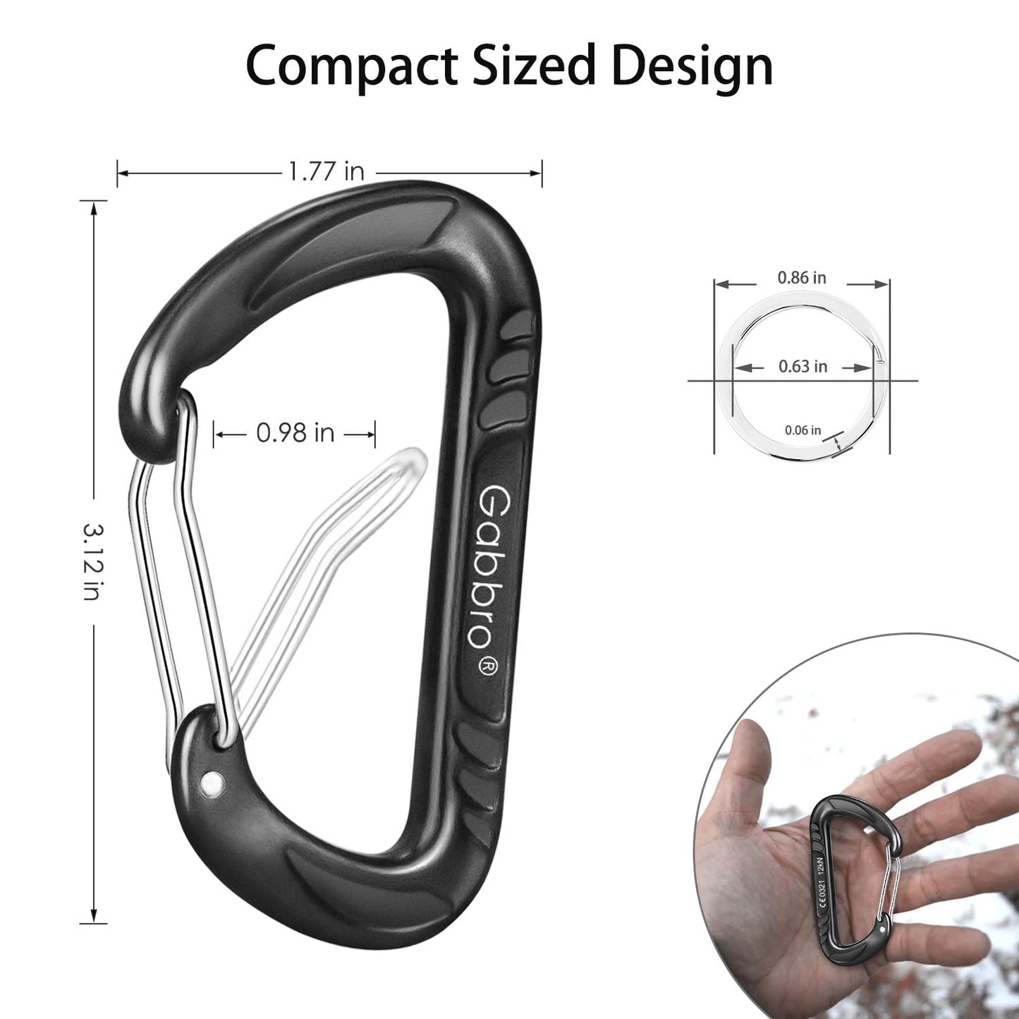 Gabbro Carabiner Clips Heavy Duty 12kN (2697 lbs), | 3.2 Inch, Aluminum, Wiregate Snap, Lightweight, 4 Pack | for Hammock, Hiking, Camping, Water Bottle, Dog Leash Harness, Keychains Black