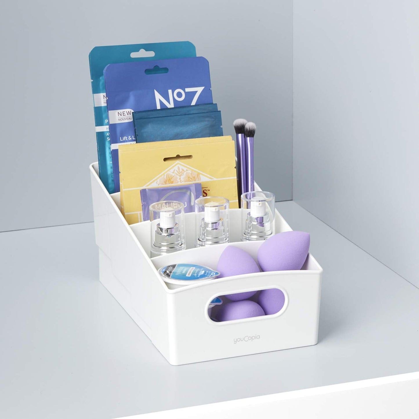 YouCopia ShelfBin Packet Organizer, 4-Tier Stairstep Raised Divided Bin, BPA-Free Storage Caddy for Kitchen Pantry and Cabinet Organization, Tea Bags, Medicine, and More