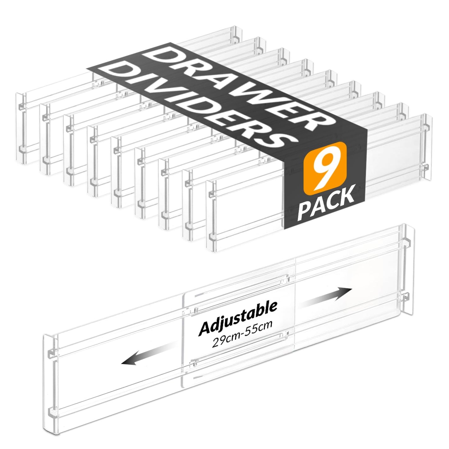 Hormes Drawer Dividers, 9 Pack Adjustable Clear Drawer Organisers, Expandable 29–55cm and 8cm High Drawers Separators for Bedroom Clothing, Kitchen Utensils, Bathroom & Office Organization and Storage