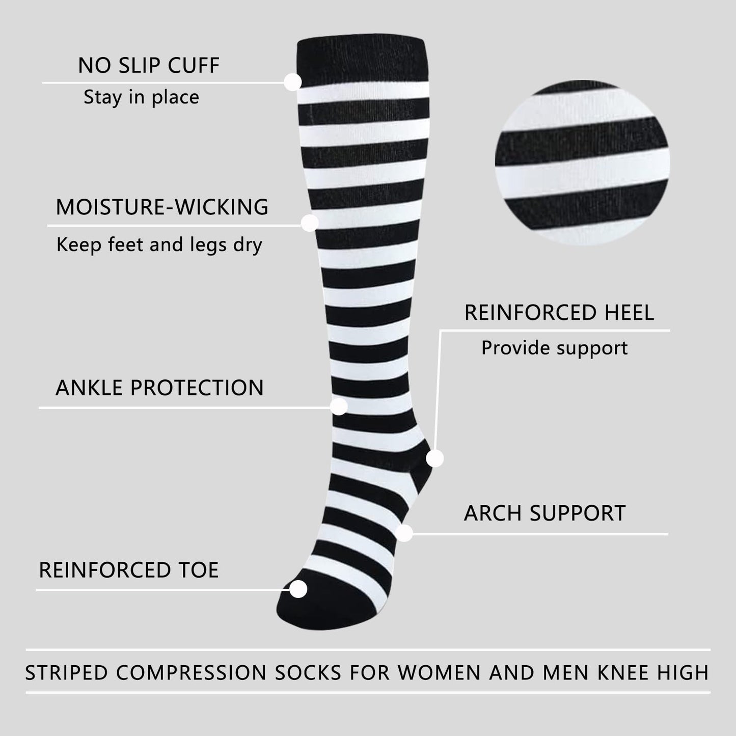 Junely Compression Socks for Women Striped Knee High Stockings for Halloween Goth Running Athletic Nurses Pregnant Women Work Support Travel Flight Sports Gifts Black White