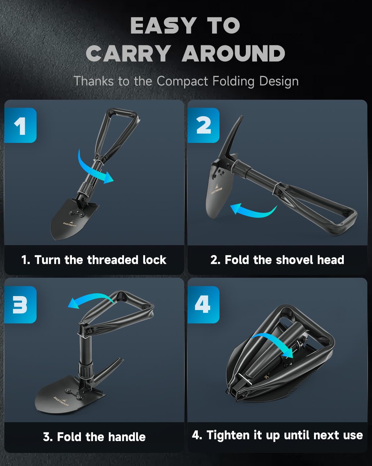 DARTMOOR Mini Folding Shovel High Carbon Steel, Portable Lightweight Outdoor Tactical Survival Foldable Mini Shovel, Entrenching Tool, Camping, Hiking, Digging, Backpacking, Car Emergency