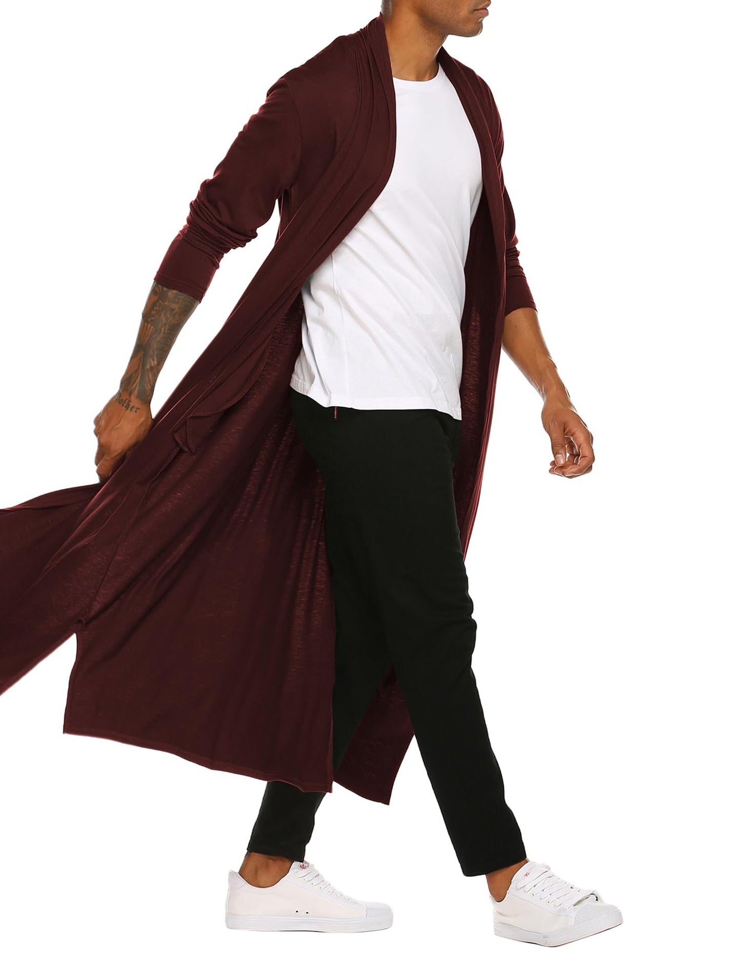 COOFANDY Men's Lightweight Ruffle Shawl Collar Cardigan Open Front Long Length Drape Cape Overcoat Wine Red