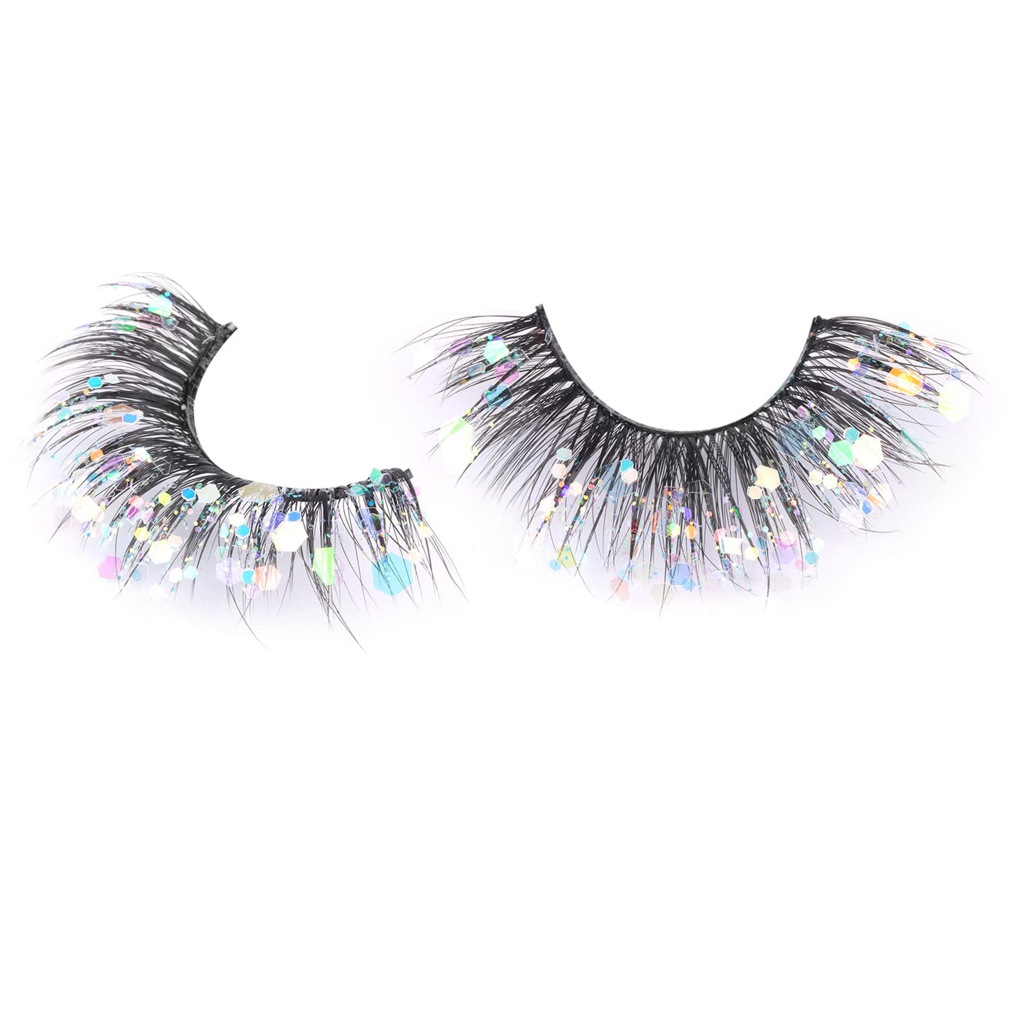 Glitter Lashes Dramatic False Eyelashes with Shinny Glitter Decorative Colored Lashes Glow in the Dark Faux Mink Eyelahses Cat Eye Strip Lashes Pack 7 Pairs
