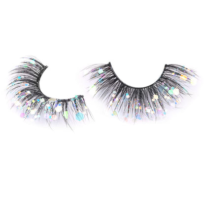 Glitter Lashes Dramatic False Eyelashes with Shinny Glitter Decorative Colored Lashes Glow in the Dark Faux Mink Eyelahses Cat Eye Strip Lashes Pack 7 Pairs