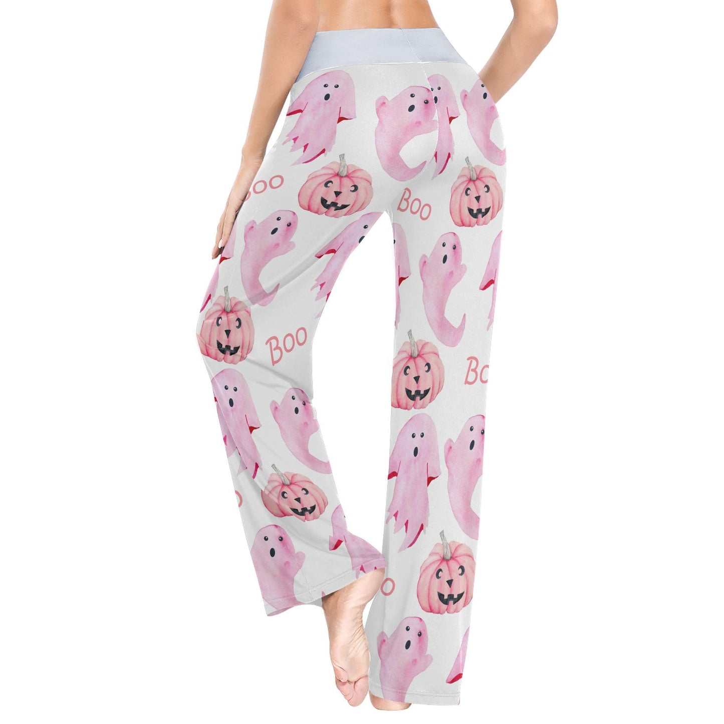 Fisyme Halloween Ghosts Pink Pajama Pants for Women Soft Comfy Pjs Bottoms Drawstring Wide Leg Jogger Lounge Sweat Pants Sleepwear, M