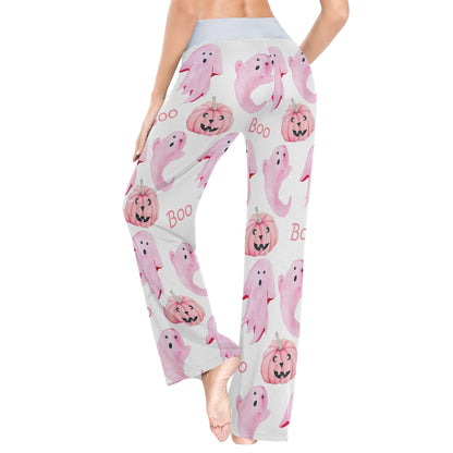 Fisyme Halloween Ghosts Pink Pajama Pants for Women Soft Comfy Pjs Bottoms Drawstring Wide Leg Jogger Lounge Sweat Pants Sleepwear, M