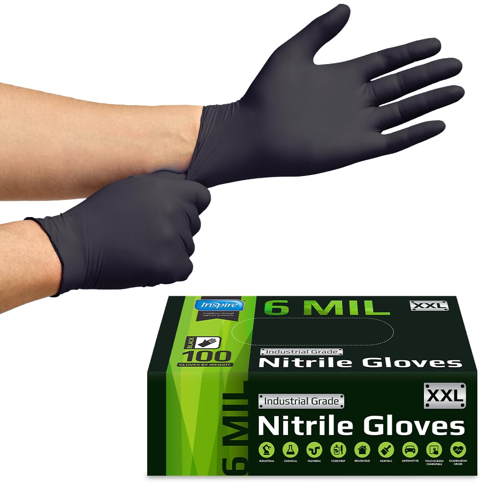 Inspire Black Nitrile Gloves HEAVY DUTY 6 Mil Nitrile Chemical Resistant Medical Cooking Cleaning Disposable Black Gloves