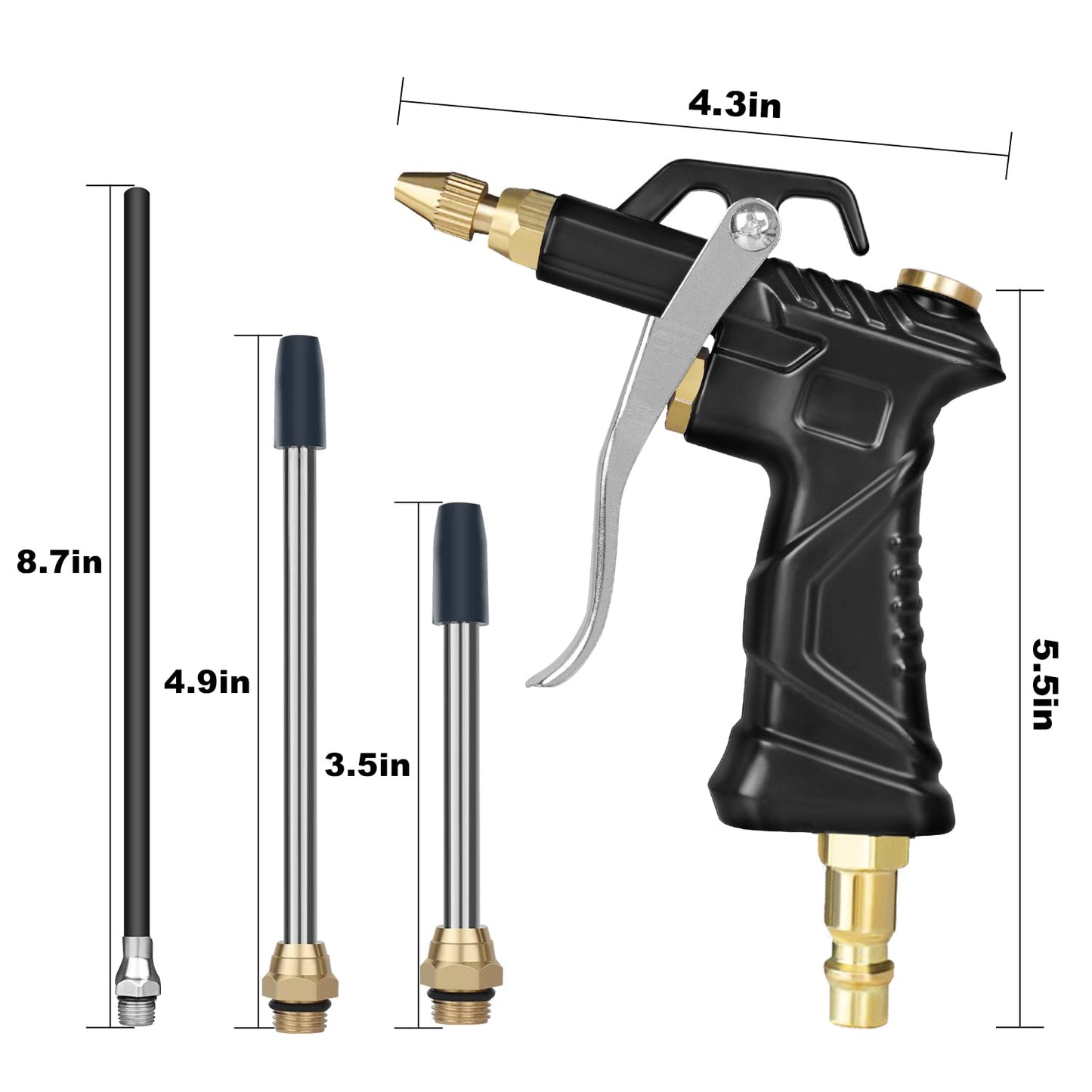 Industrial Air Blow Gun with Brass Adjustable Air Flow Nozzle, Universal hose and 2 Steel Air flow Extension. Pneumatic Air Compressor Accessory Tool Dust Cleaning Air Blower Gun. (2pcs)