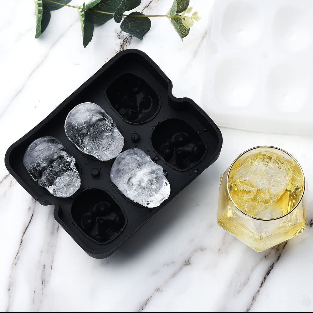Large Skull Ice Cube Mold Silicone Ice Cube Tray with Transparent lid, A Set of 6 Flexible Silicone Ice Maker, Ice Trays for Freezer for Whiskey, Cocktails, Champagne and Drinks
