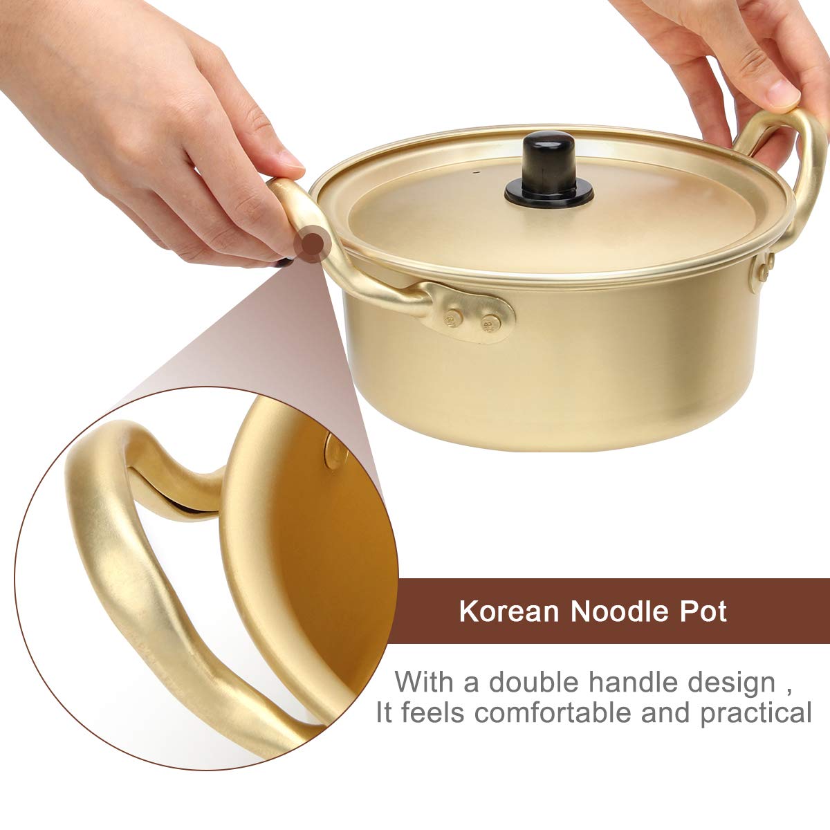 Korean Ramen Cooking Pot, AHIER Korean Ramen Noodle Pot With Lid, Spoon and Chopsticks (1pair), Fast Heating for Kitchen Cookware (Double handle) (6.3in)