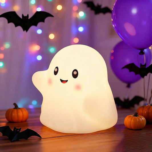 Ghost Night Light for Kids, Silicone Nursery Nightlight with 13 Interactive Sound Effects ,Halloween Decor Lamp Adjustable Dimmable Lamp with Touch Sensor Children's Christmas Gifts (white ghost)