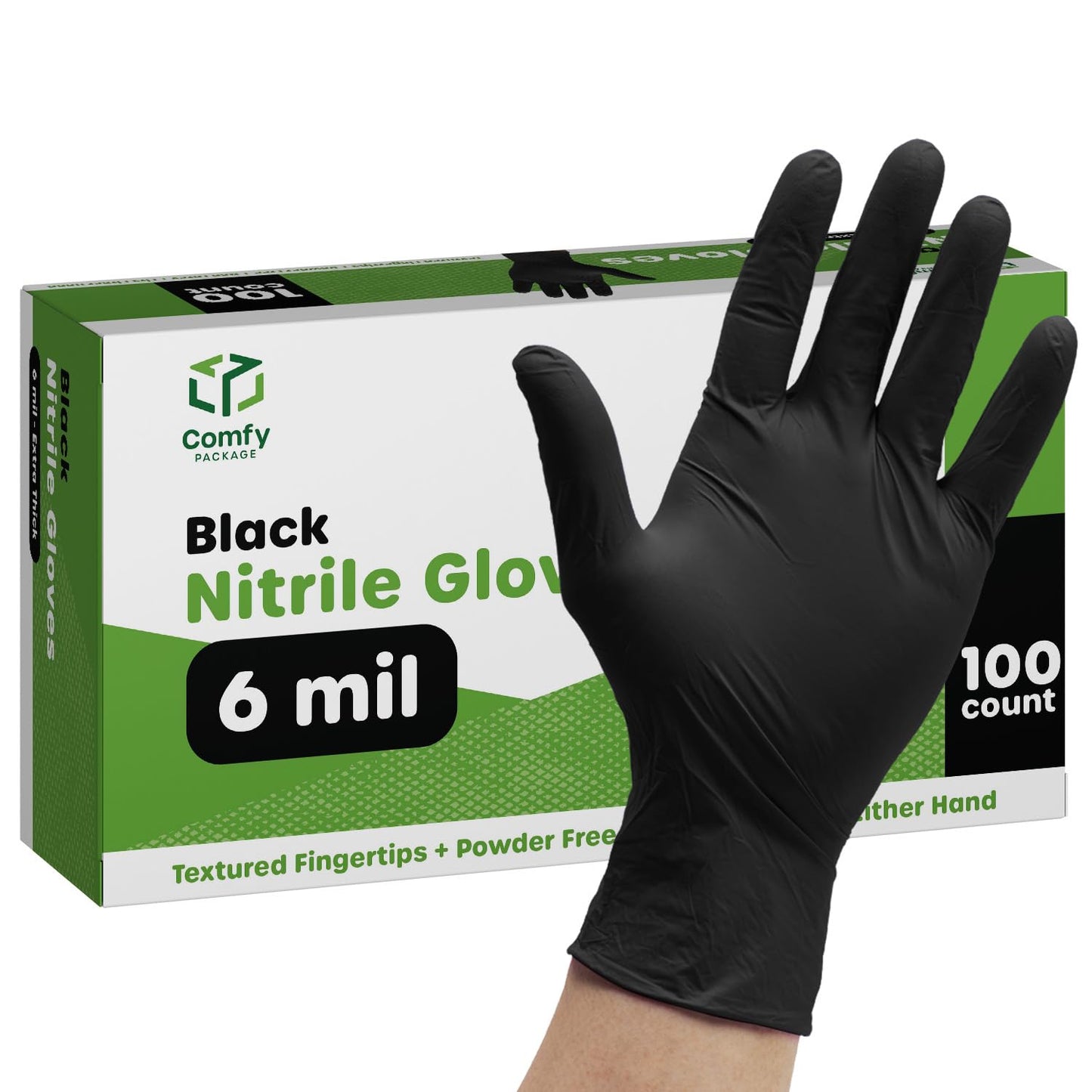 Comfy Package Black Nitrile Gloves [100 Count] 6 Mil, HEAVY DUTY Disposable Gloves for Food Prep, Cooking, Tattoo, Cleaning – Latex-Free, Powder-Free, Textured Fingertips - Large