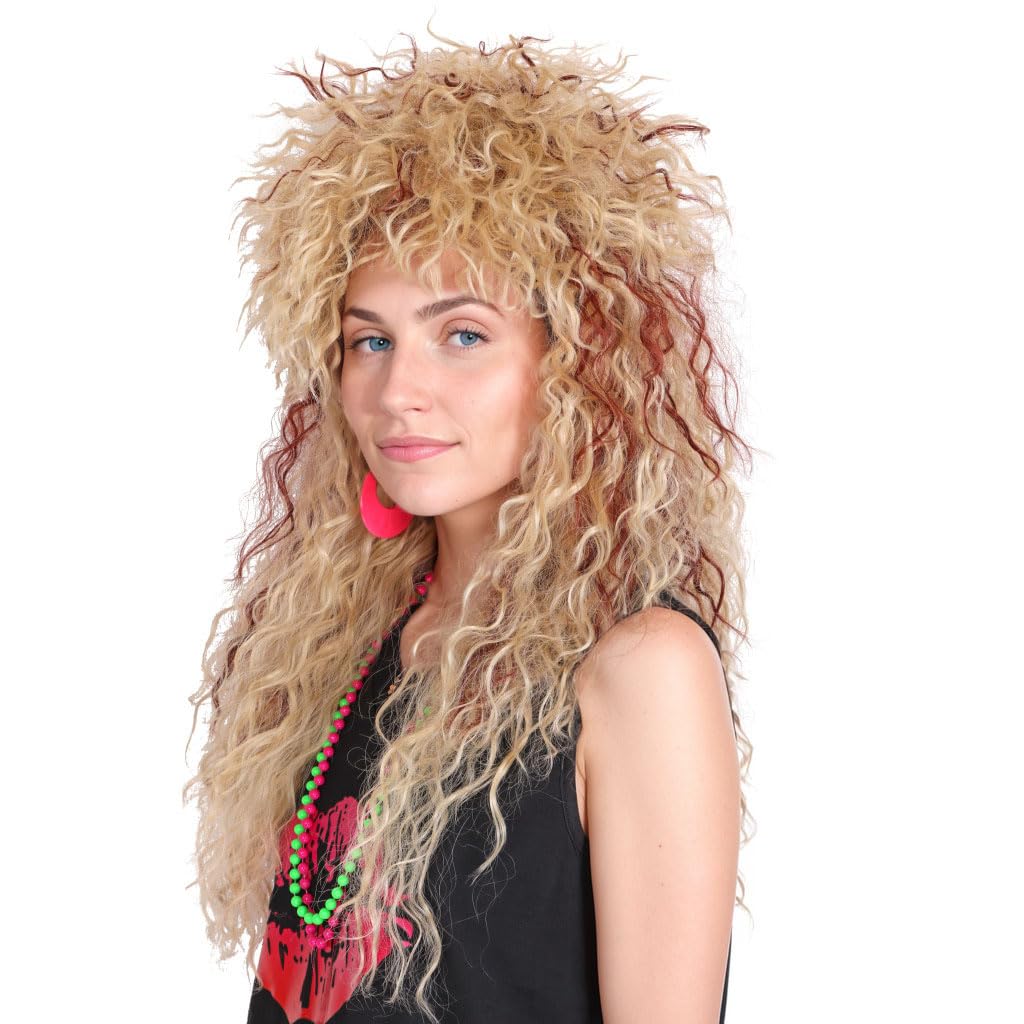 FantaLook Women Long Curly 80s Blonde with Reddish Brown Cosplay Wig