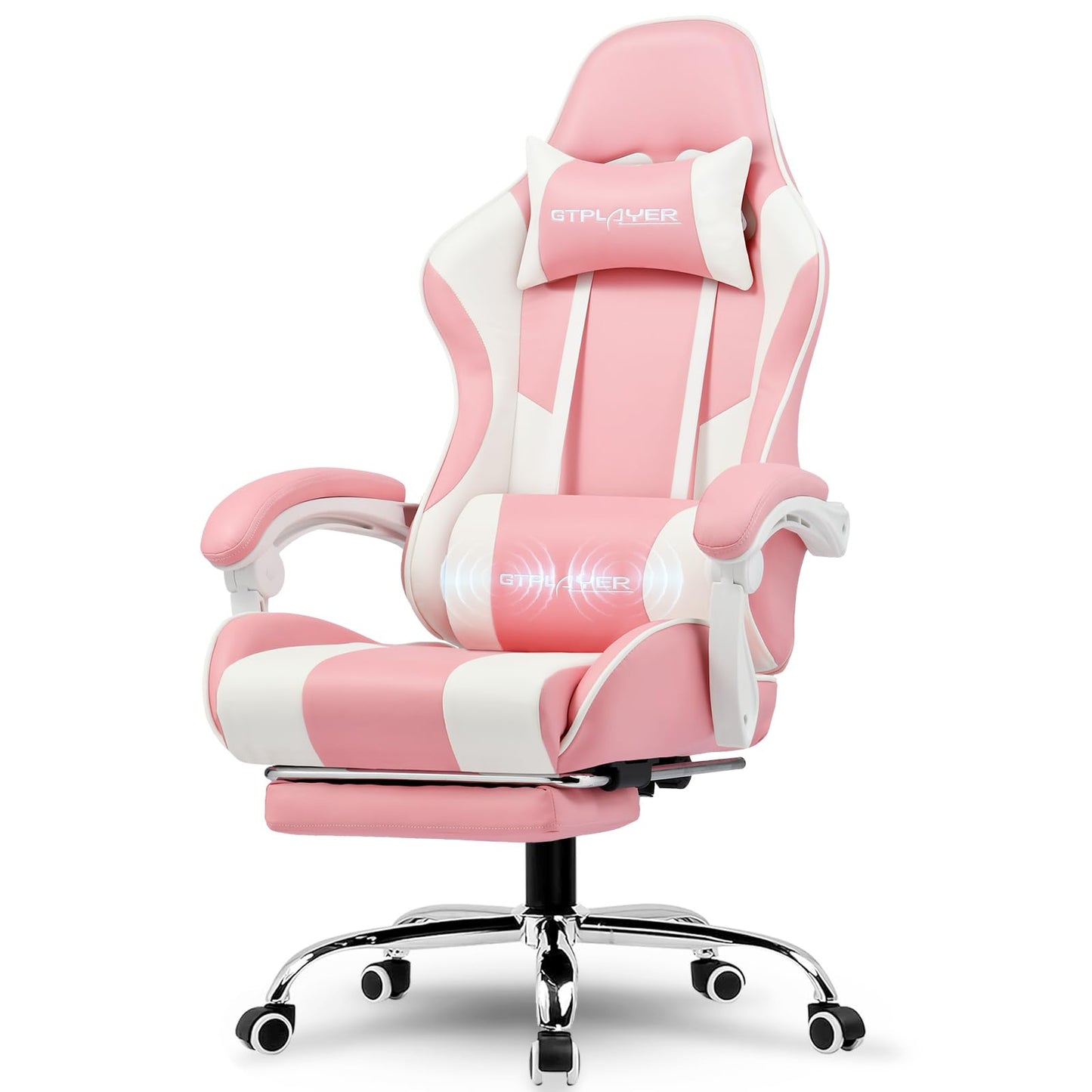 GTPLAYER Gaming Chair, Computer Chair with Footrest and Lumbar Support, Height Adjustable Game Chair with 360°-Swivel Seat and Headrest and for Office or Gaming (Faux Leather, Pink)