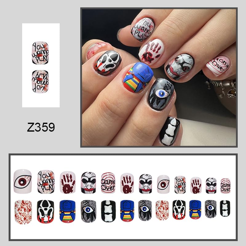 Halloween Short Press on Nails Square Fake Nails Scary Movie Characters Bloody Halloween Glue on Nails False Nails with Designs Holiday Halloween Manicure Art Decorations for Women 24Pcs