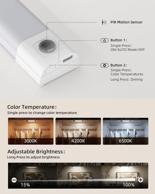 Closet Lights, 30 LED Rechargeable Under Cabinet Lighting Wireless, 3 Color Temps Under Cabinet Lights, Dimmer Motion Sensor Light Indoor for Pantry, Kitchen, Bedroom, Woadrobe (3 Pcs)