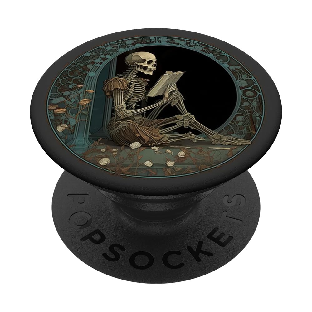 Cute & Creepy Book Lover Goth Skull Design Co Librarian Skeleton Gothic Goth Book Reading Lover PopSocket Adhesive PopGrip for Smartphones with Smooth, Hard, Plastic Cases - Black