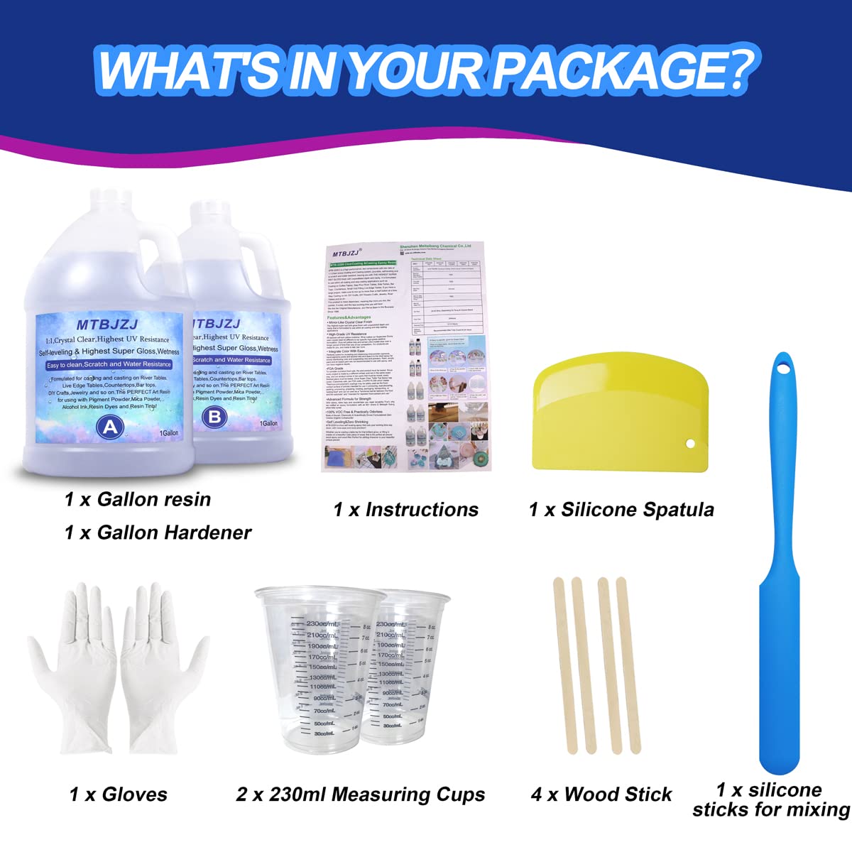 MTBJZJ Epoxy Resin 2 Gallon Kit - Crystal Clear Epoxy Resin | Self Levels for Jewelry Casting Resin Molds DIY, Arts & Crafts, Bars, Tabletop Art 1:1 Ratio(1 Gallon x 2)