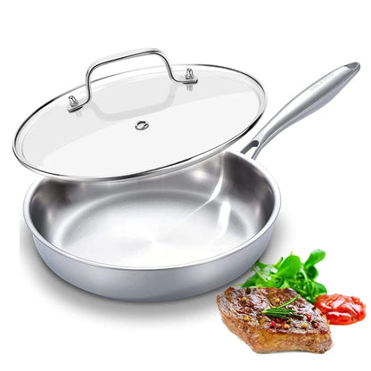DELARLO Tri-Ply Stainless Steel Pan, 12 inch Frying Pan with Lid, Compatible with All Cooktops Up to 600℉, Fast & Even Heat, Skillet, Induction Cookware, Cooking Pan, Stir Fry Pan, Dishwasher Safe