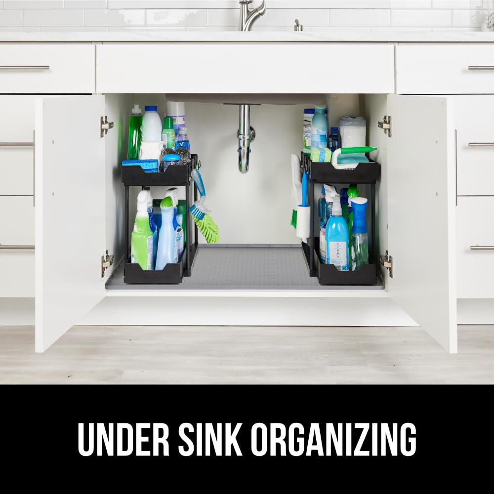 GORILLA GRIP Waterproof Silicone Under Sink Mat with Raised Lip for Kitchen and Bathroom, 34 x 22 in, Cabinet Shelf Liner Stay in Place Mats Dishwasher Safe Drawer Liner, Organizer Tray, Gray