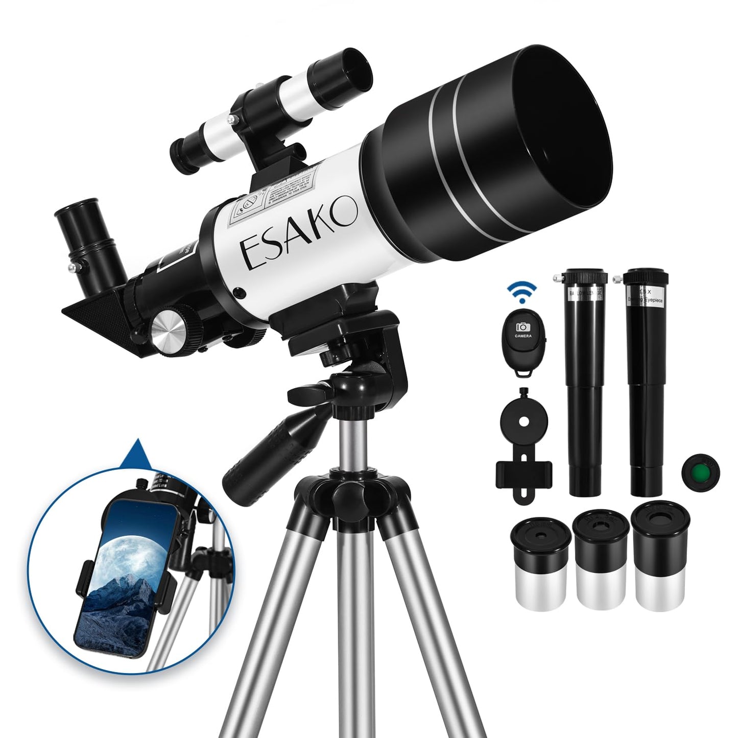 ESAKO Telescope for Kids & Beginners, 70mm Aperture Portable Telescopes with 3 Eyepieces, Height Adjustable Tripod & Phone Adapter & Remote Control