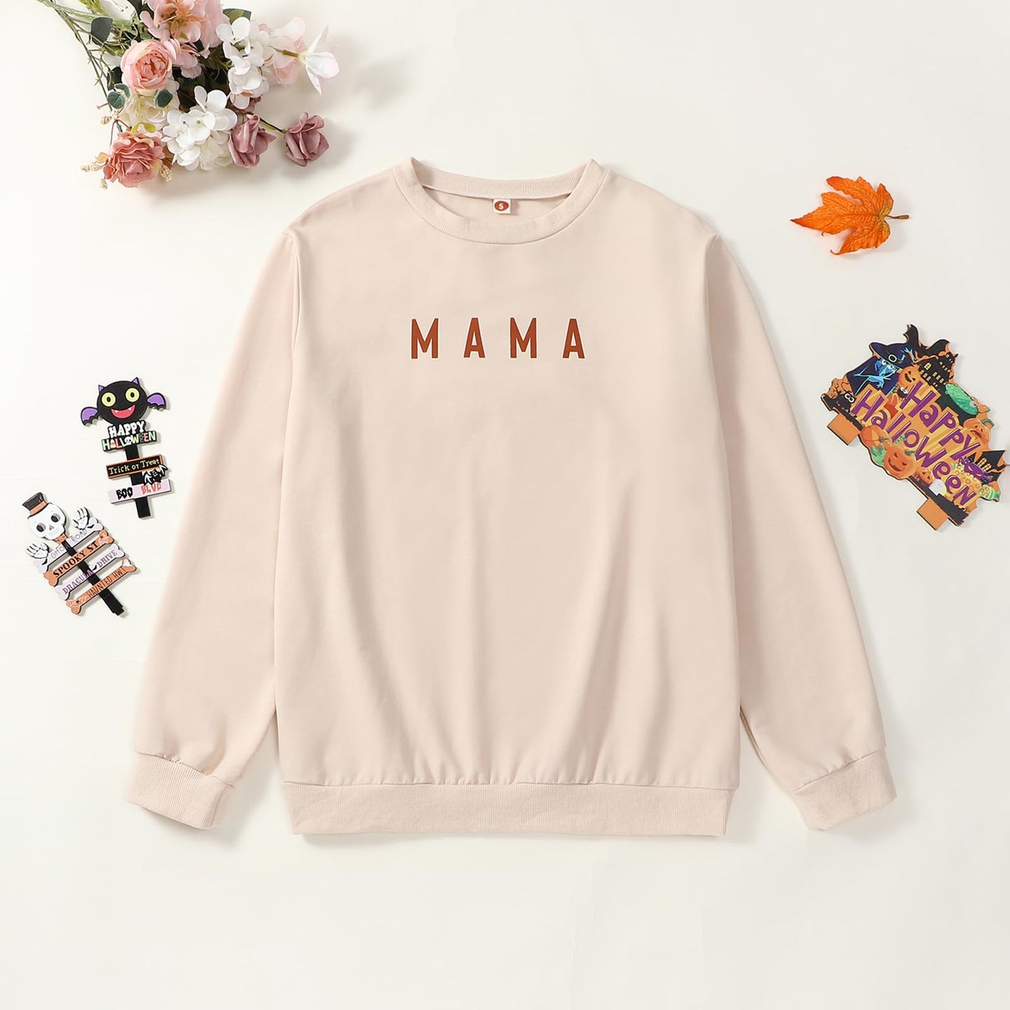 Karwuiio Mommy and Me Family Matching Outfits Halloween Pumpkin Print Sweatshirt Long Sleeve Pullover Tops (Women, XL, Beige Brown)