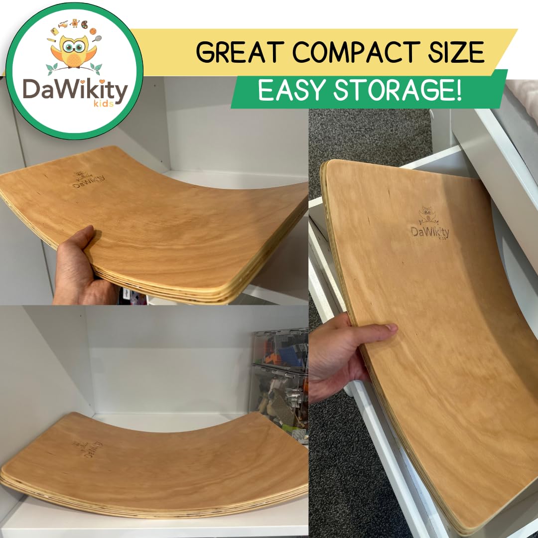 DaWikity Kids Balance Board - Wooden Wobble Board for Kids - Compact Balancing Trainer - Poplar Core - Eco-Coating - Sensory Motor Development - Core Strengthening - 17x12x3", Up to 480 lbs Capacity