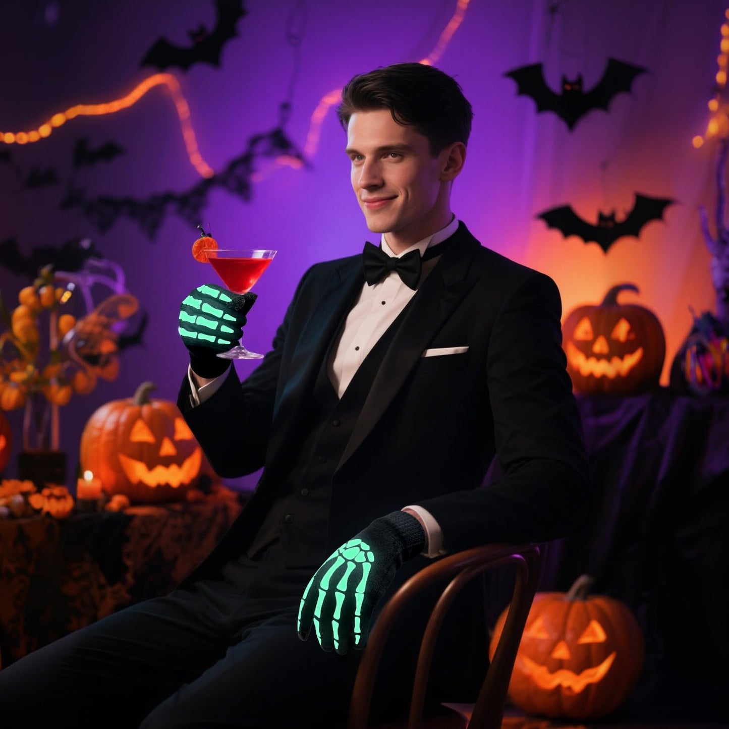 CROSSFINGERS Skeleton Gloves with Touchscreen and Warm for Halloween Cosplay Party and Daily Wears 2 Pairs