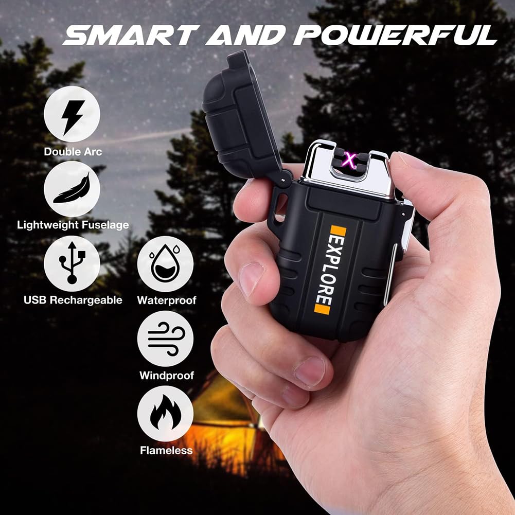 LcFun Waterproof Electric Lighter Windproof Dual Arc USB Rechargeable Flameless Plasma Lighters for Camping Hiking Survival Tactical Gear Stocking Stuffers Gifts for Men Fathers Husband