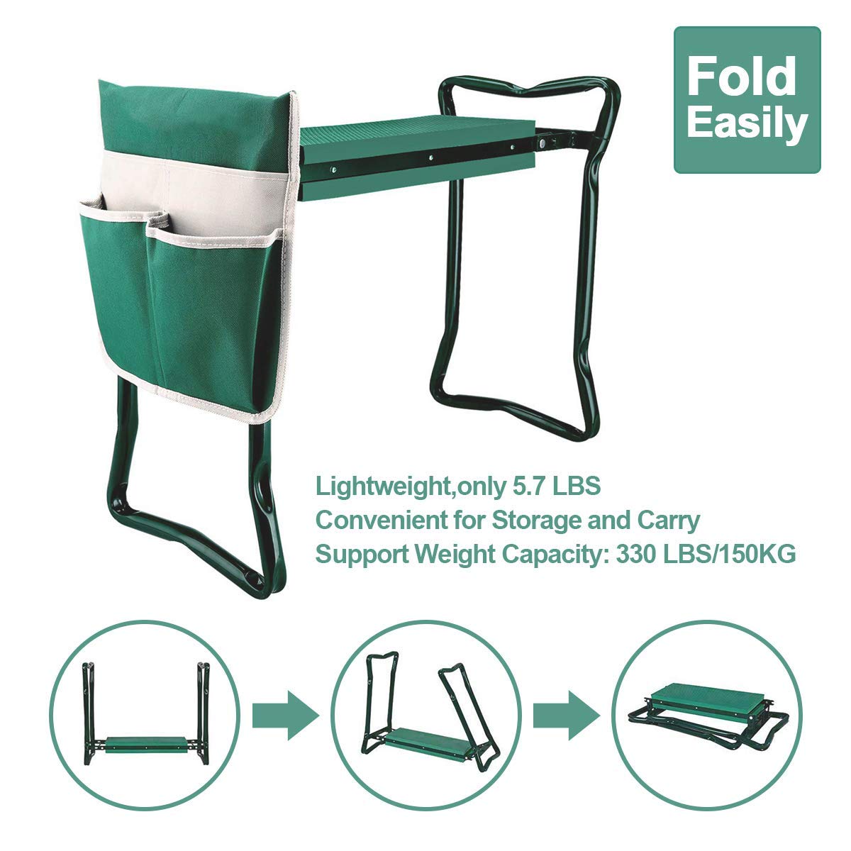 Garden Kneeler and Seat Stool Heavy Duty Garden Folding Bench with Large Tool Pocket and Soft EVA Kneeling Pad for Gardening Lovers