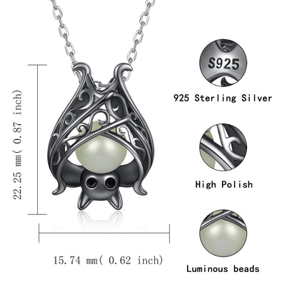 Cute Bat Necklace Sterling Silver Glowing in The Dark Animal Pendant Little Witchy Halloween Jewelry Gift for Women(Black)