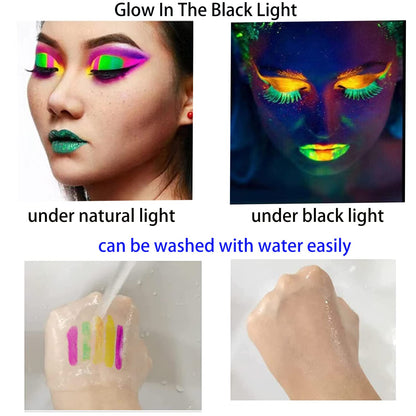 12 PCS Glow Face Body Paint, Glow In The Dark Under UV Black Light Sticks Makeup Neon Face Painting Kits for Adult Halloween Festival Accessory Glow Party Supplies