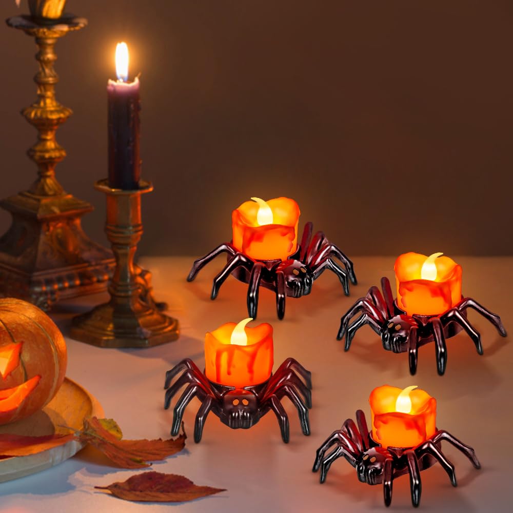 6 PCS Halloween Tea Lights Candles, Battery Operated Halloween's Flameless LED Candles, Spider Tealights Spooky Electric Flickering Fake Candle for Halloween Party Decorations