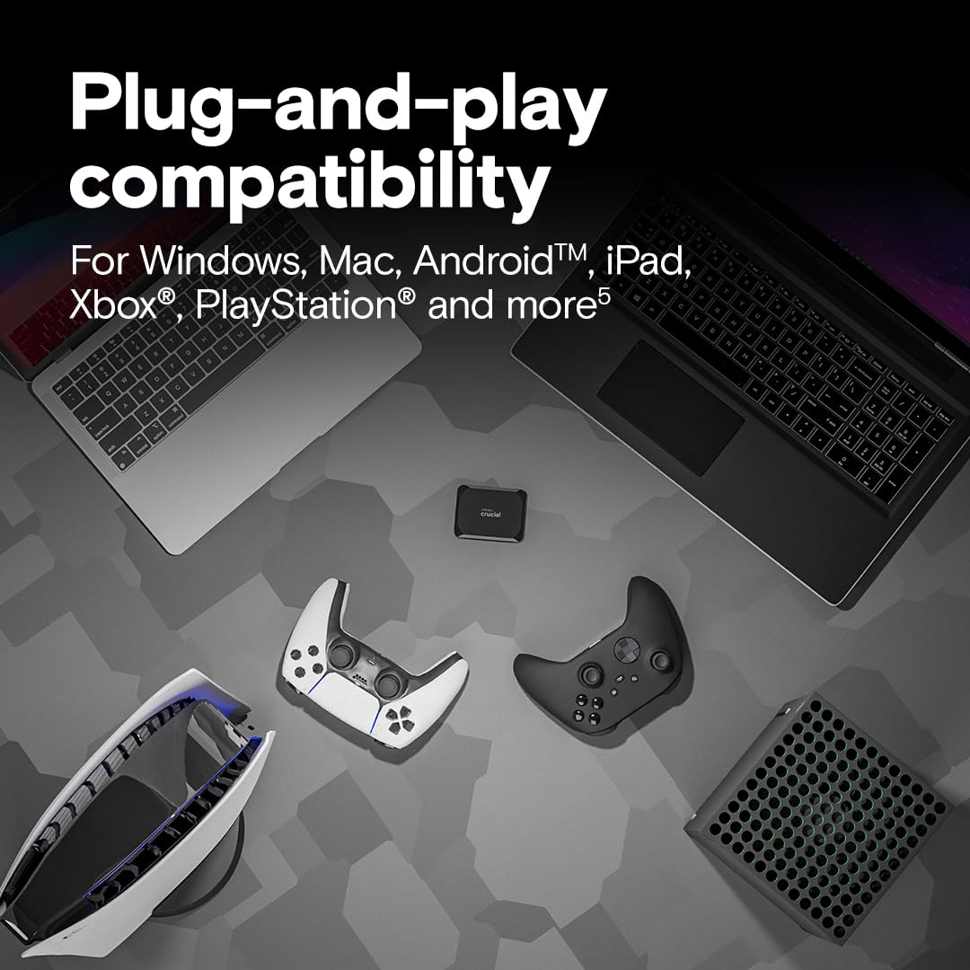 Crucial X9 2TB Portable SSD, Up to 1050MB/s, USB 3.2 USB-C, External Solid State Drive, Compatible with Windows, Mac, & Android, Reliable Storage for Games, Files, & Backups, Black - CT2000X9SSD902